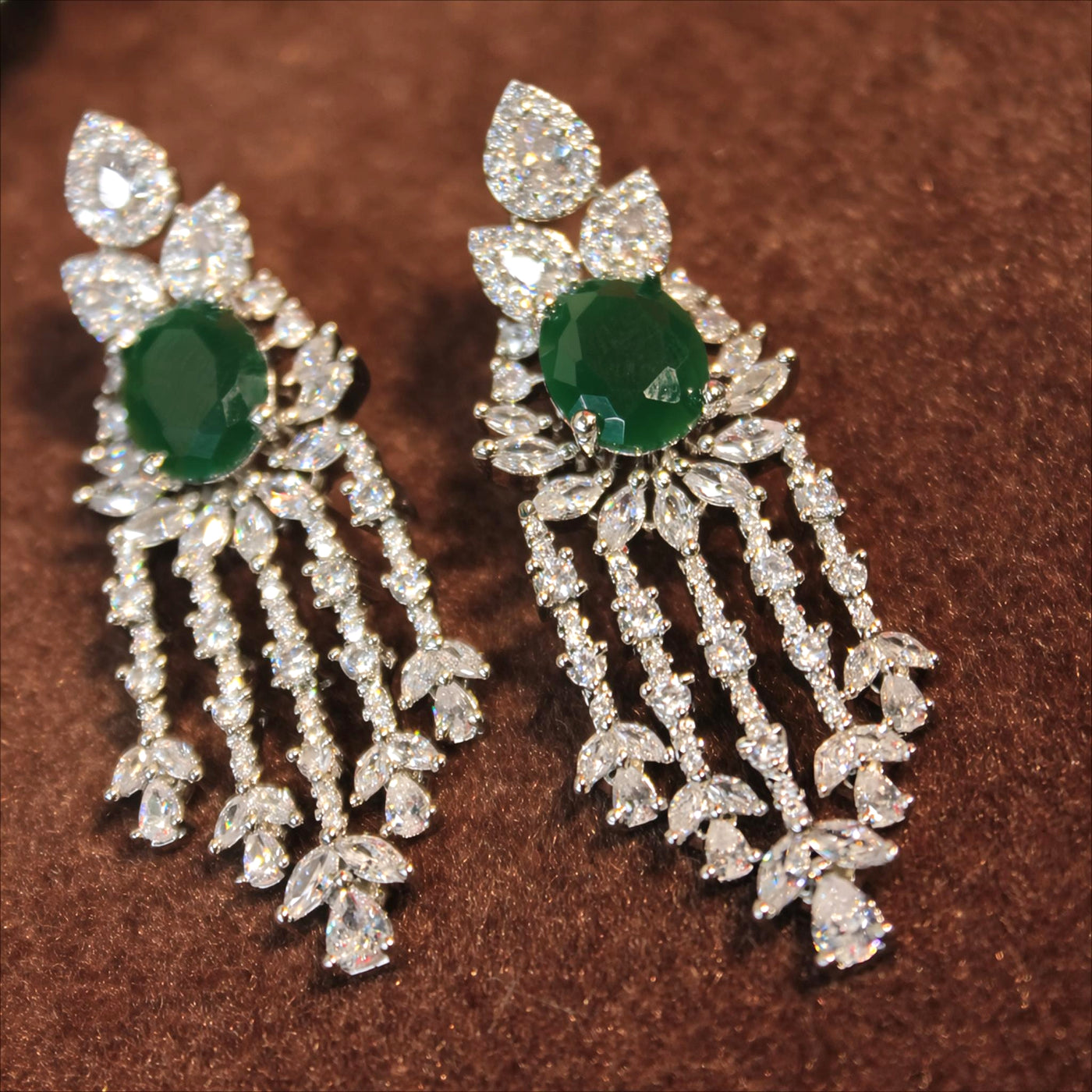Emerald Green  Teardrop Cascade Earrings with Diamond Floral Fringe - SIA451431