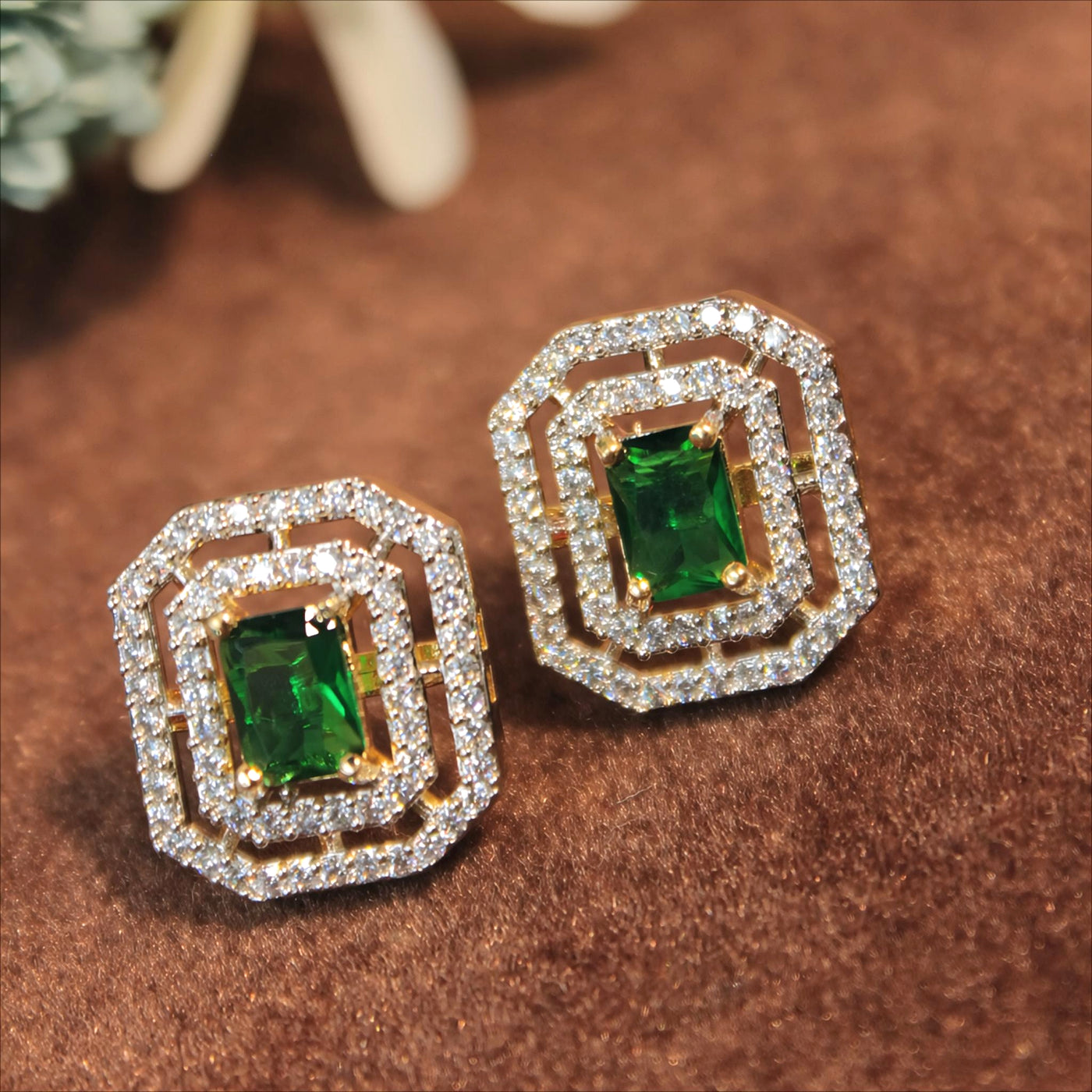 Emerald Green Octagonal Halo Studs - SIA451422_A
