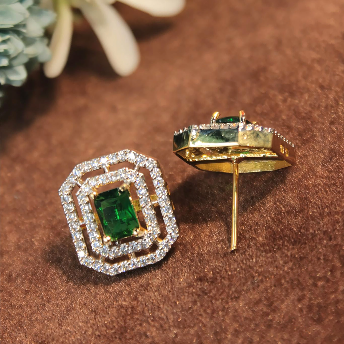 Emerald Green Octagonal Halo Studs - SIA451422_A