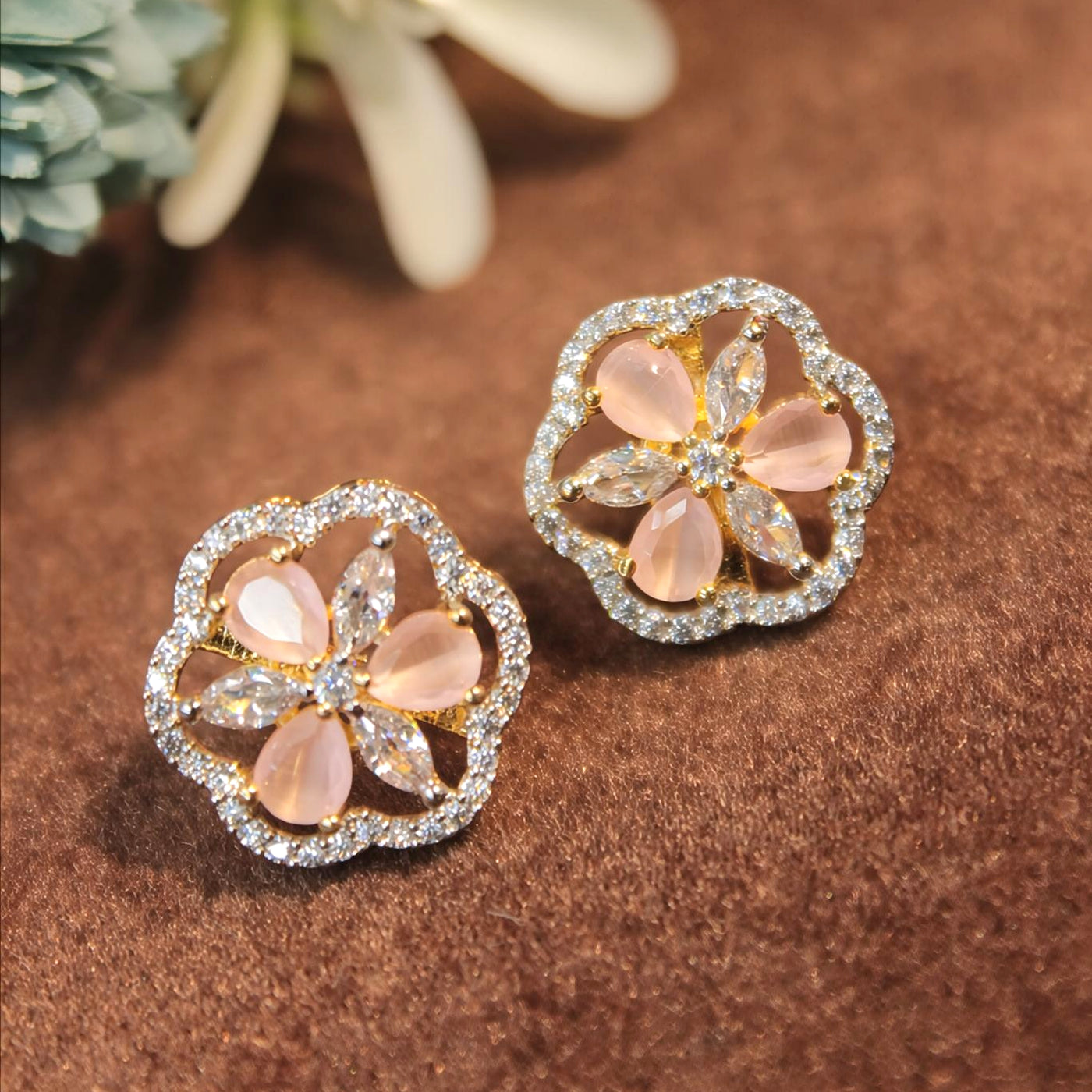 Rose Quartz Floral Studs with Sparkling Diamond Accents in Gold- SIA451438