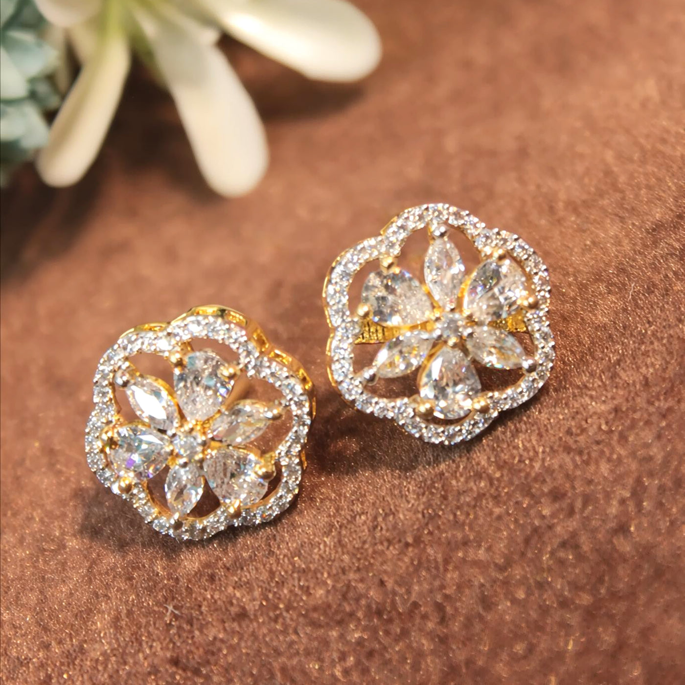 Gold Floral Stud Earrings with CZ Petals - SIA451438_A