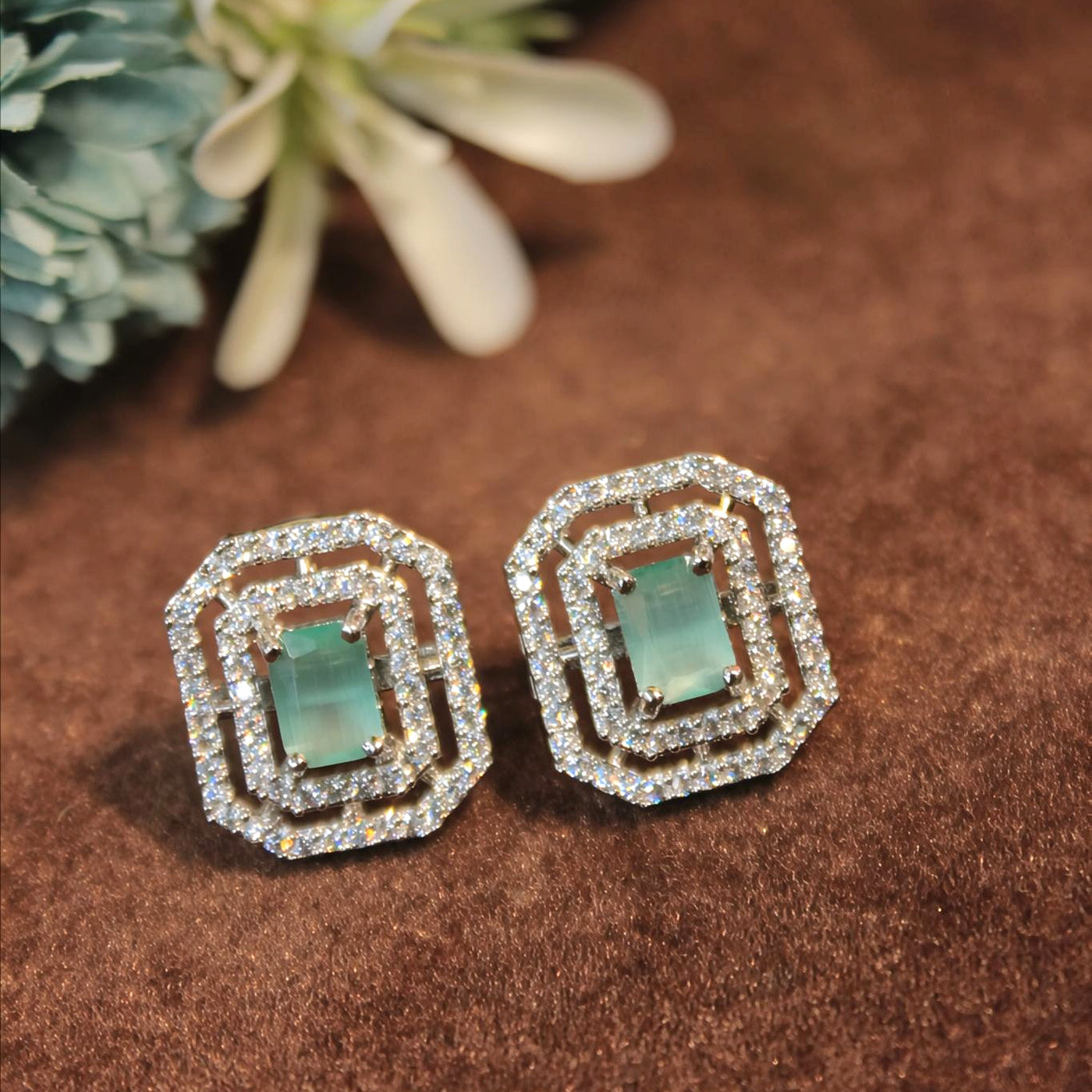 Mint Green Geometric Stud Earrings - SIA451423