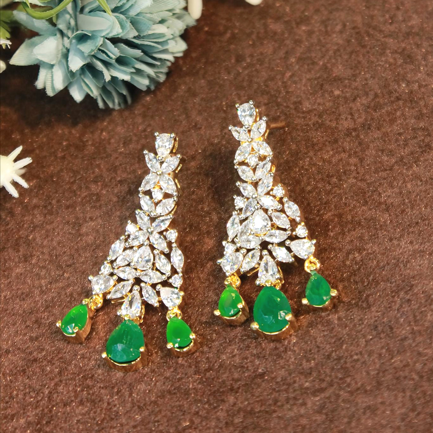 Floral Crystal Drop Earrings with Green Teardrops - SIA451424_B