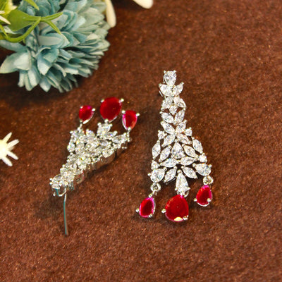 Floral Crystal Drop Earrings with Red Teardrops - SIA451425
