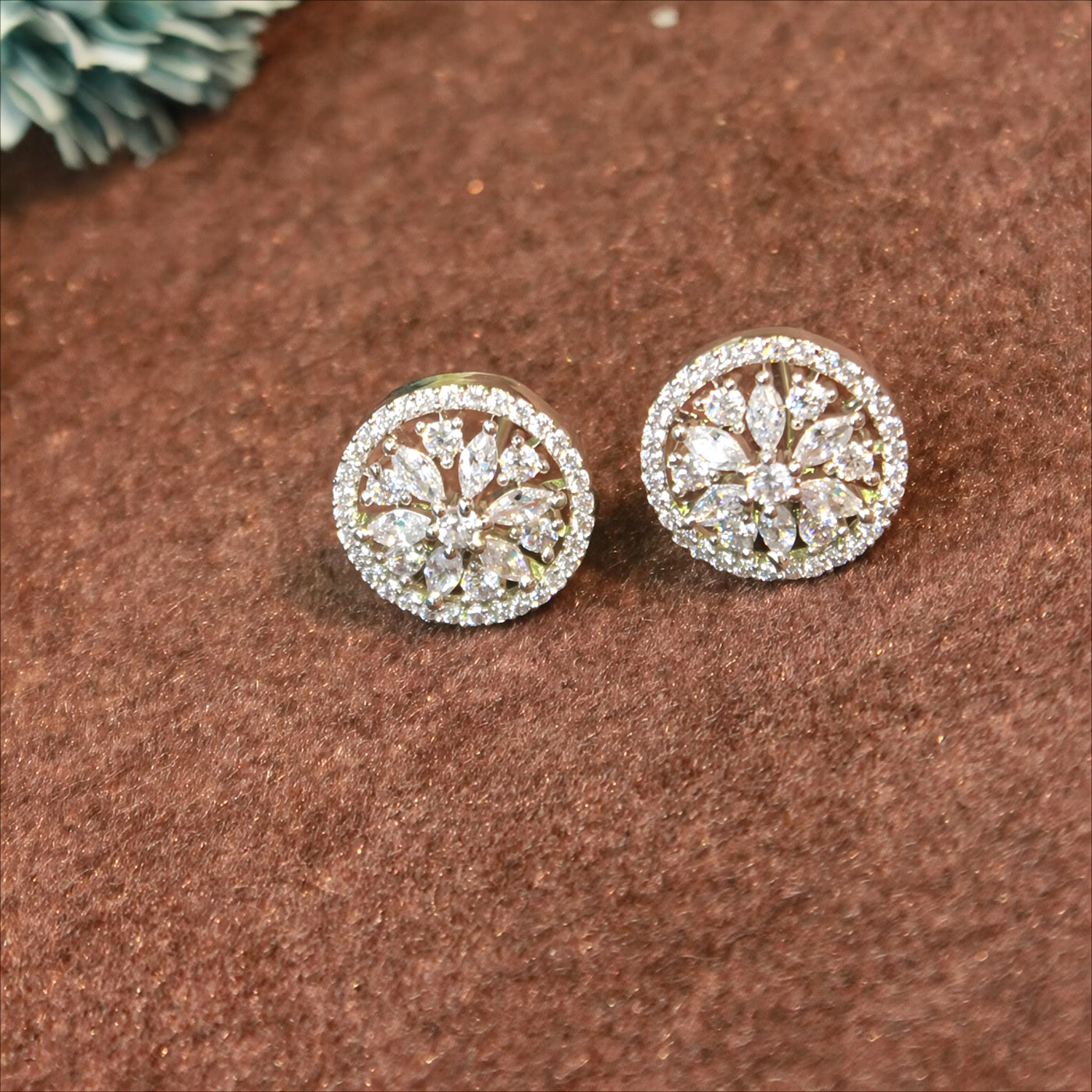 Round Floral Stud Earrings with Clear Crystal Accents - SIA450573 _ A
