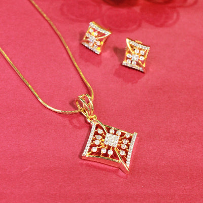 Gold Square Pendant Set with Matching Diamond Earrings - Sia450653