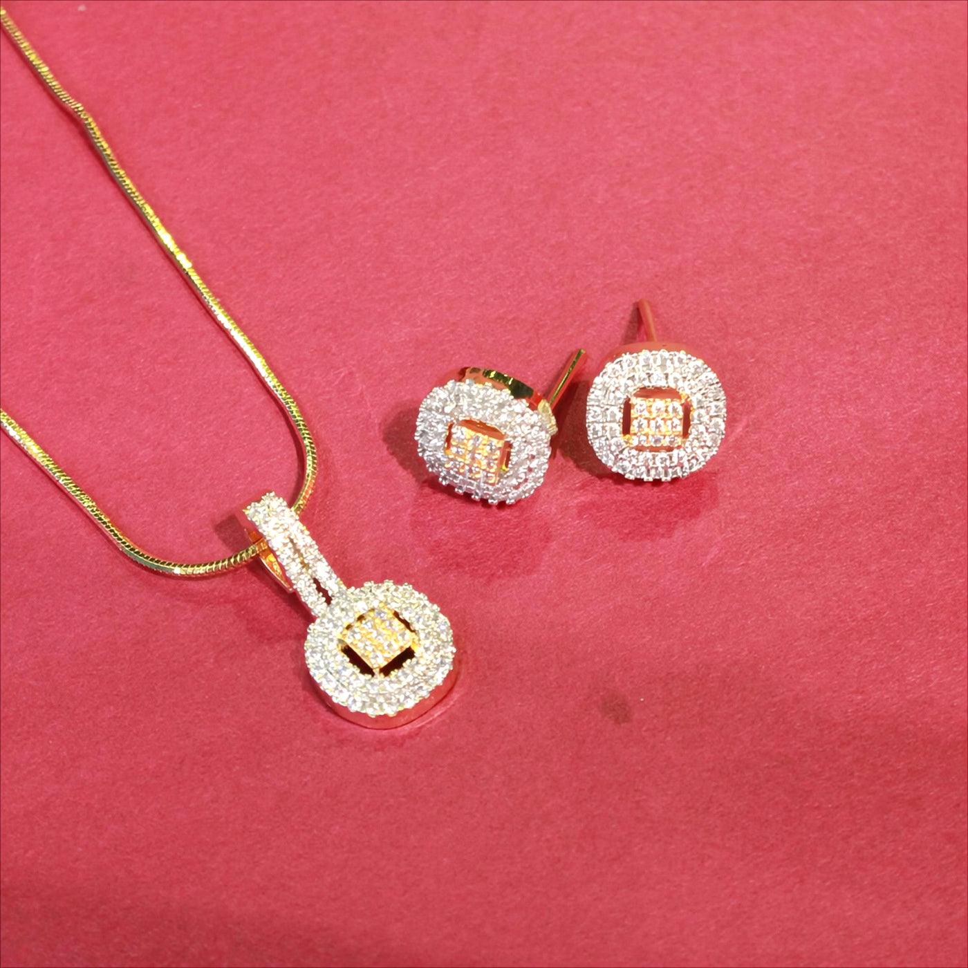 Gold Circular Pendant Set with Diamond Accents & Matching Earrings - Sia450665