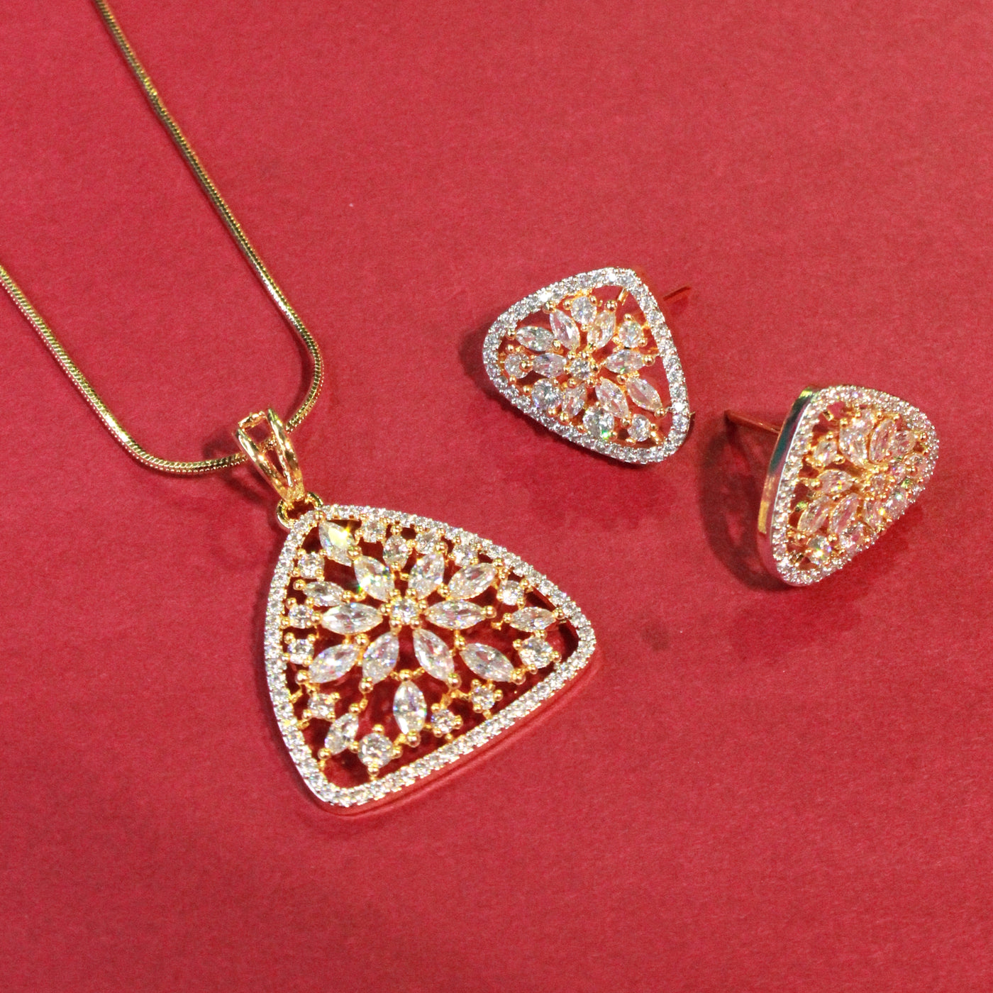 Gold-Tone Teardrop Floral Pendant Set with Matching Earrings - Sia450655