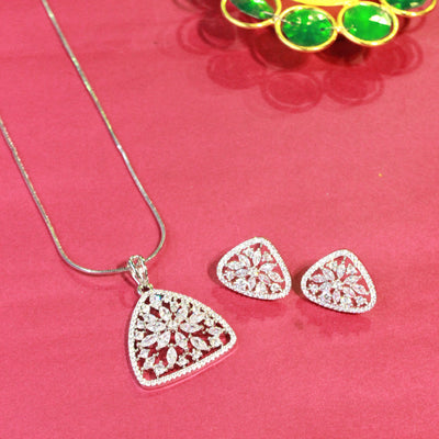 Silver Teardrop Floral Pendant Set with Matching Earrings - Sia450656