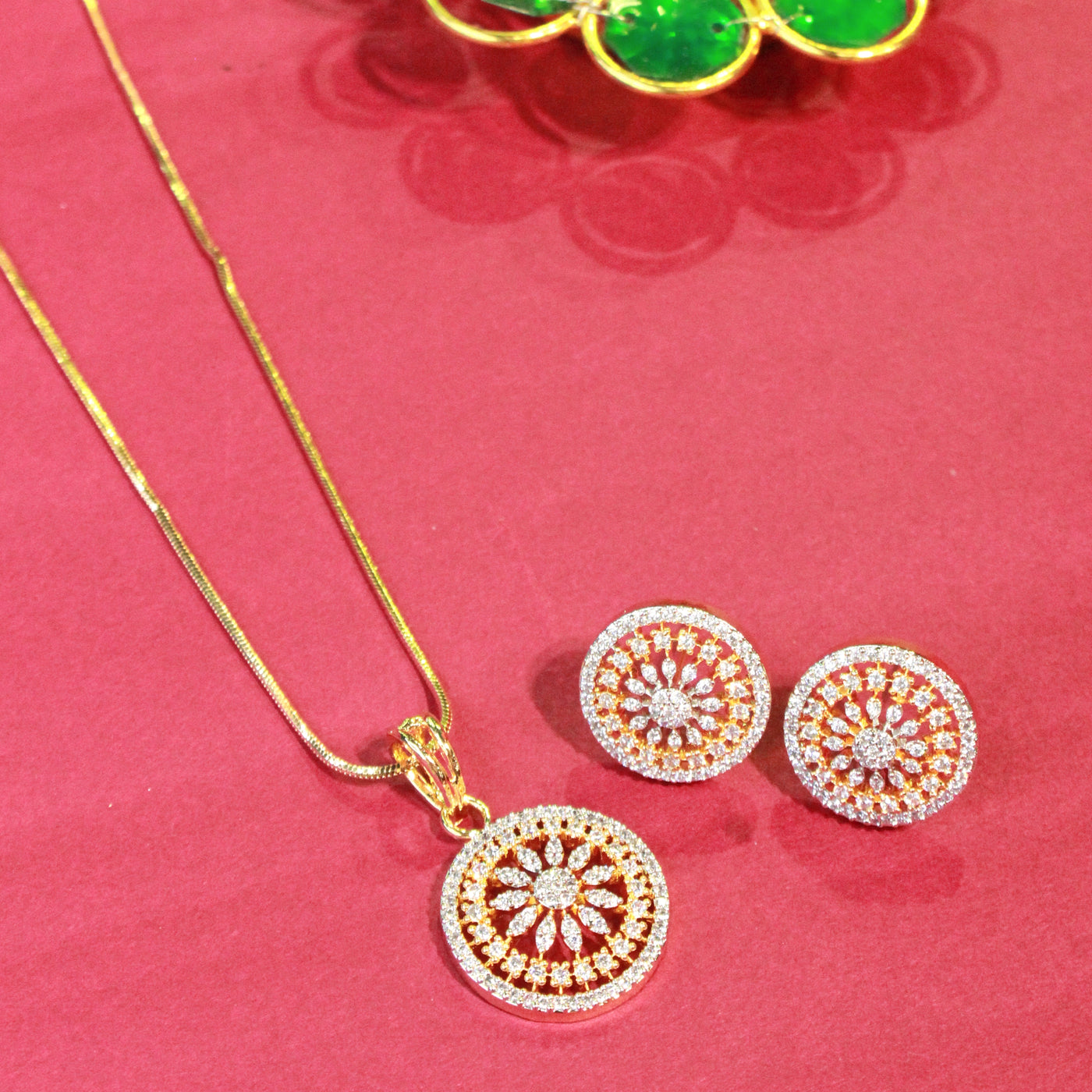 Golden Blossom Sparkle Set – Pendant with Matching Floral Round Earrings - Sia450663