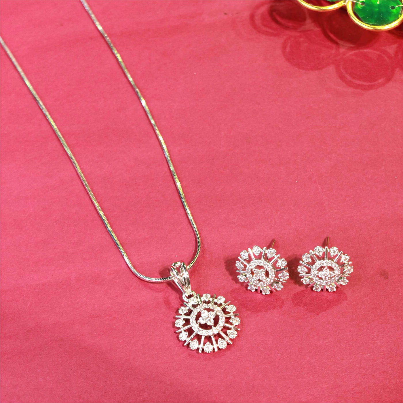 Silver Round Floral Pendant Set with Matching Earrings - Sia450689