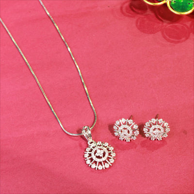 Silver Round Floral Pendant Set with Matching Earrings - Sia450689