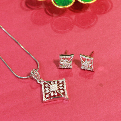 Silver Square Geometric Pendant Set with Matching Earrings - Sia450654