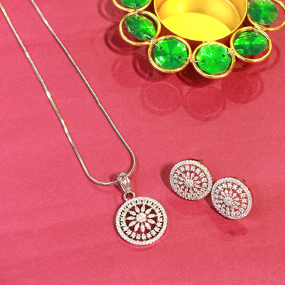 Silver Bloom Sparkle Set – Pendant with Matching Floral Round Earrings - Sia450664