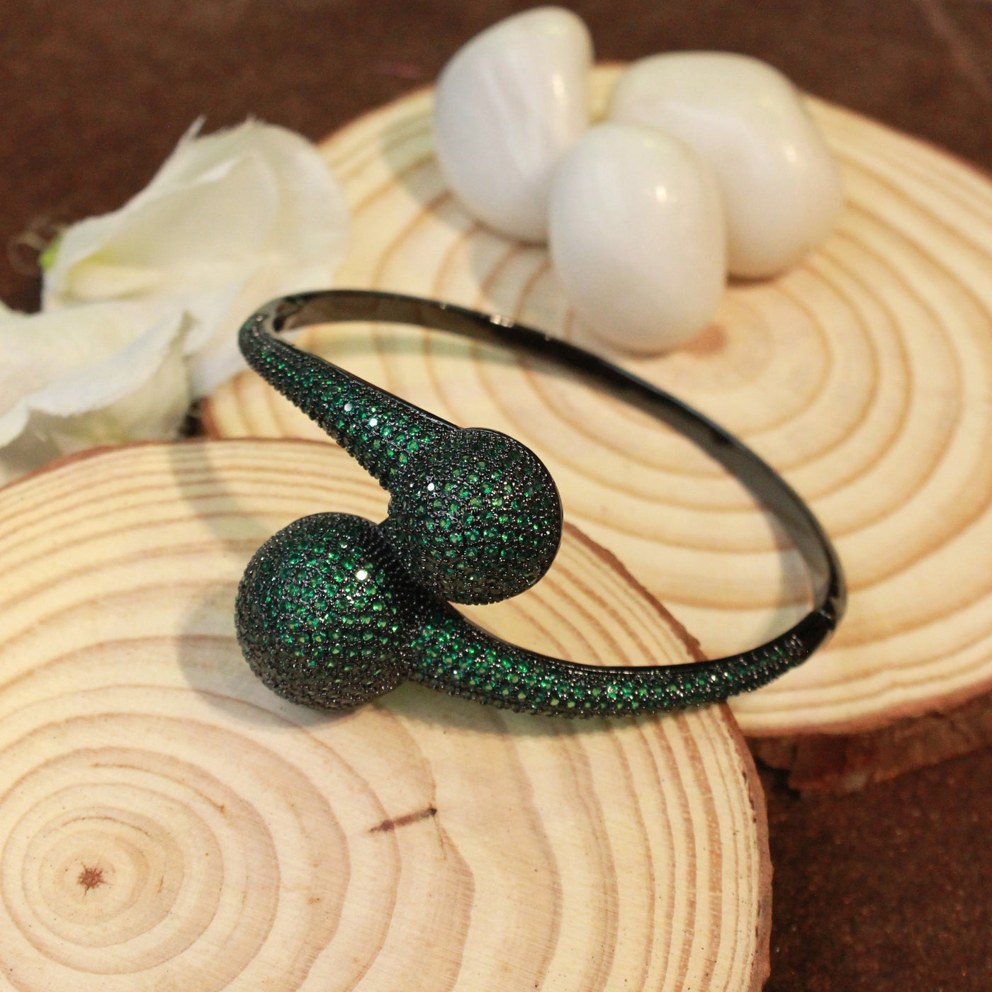 Black Bracelet with Dual Green Sphere Ends - SIA451767_D