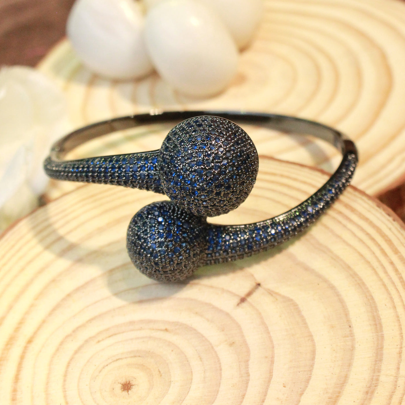 Elegant Midnight Blue Pave Sphere Open Cuff Bracelet - SIA451767