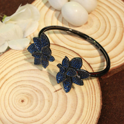 Elegant Black Cuff Bracelet with Blue Studded Floral Design - SIA451766_B