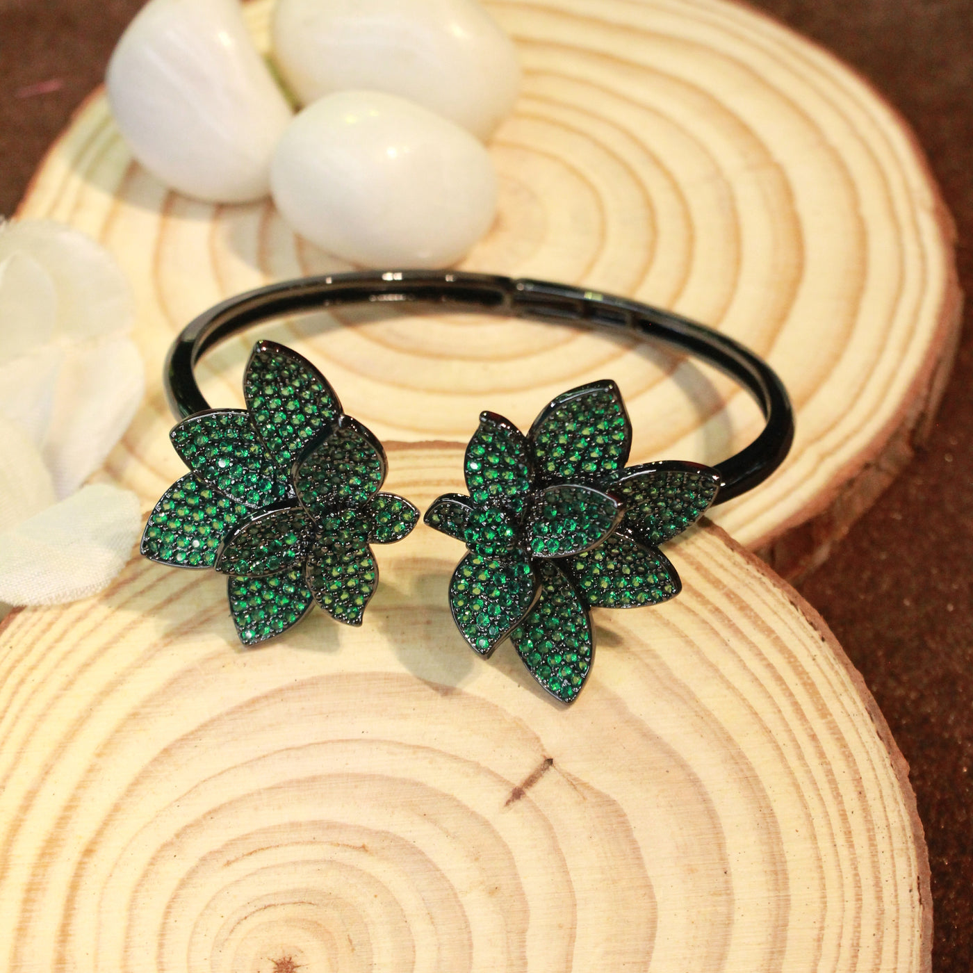 Elegant Black Bracelet with Green Gemstone-Encrusted Floral Design - SIA451766_A