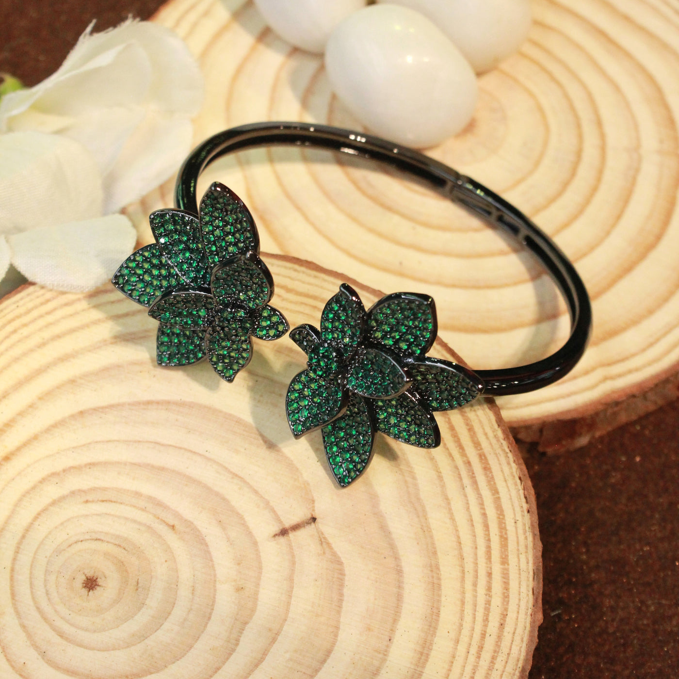 Elegant Black Bracelet with Green Gemstone-Encrusted Floral Design - SIA451766_A