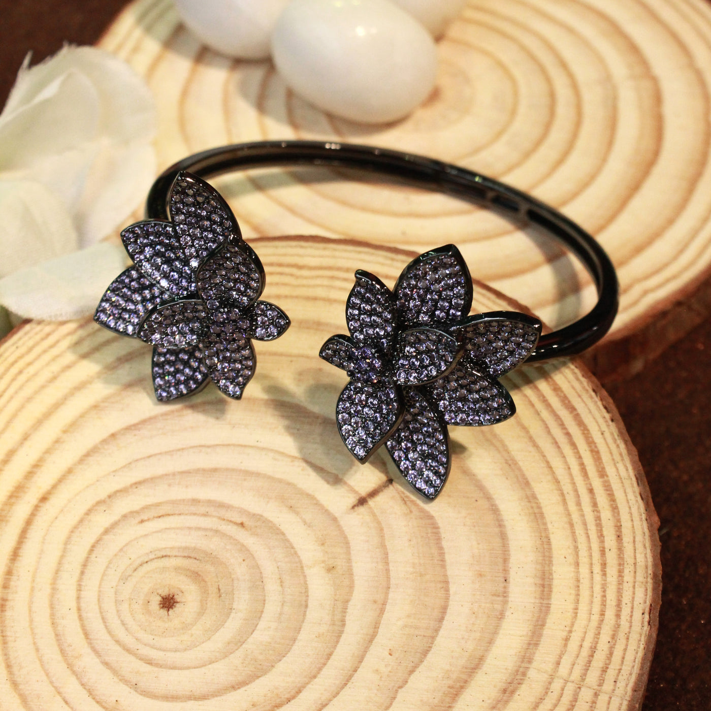 Elegant Black Bracelet with Purple Gemstone-Encrusted Floral Design - SIA451766_C