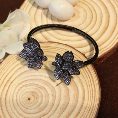 Elegant Black Bracelet with Purple Gemstone-Encrusted Floral Design - SIA451766_C