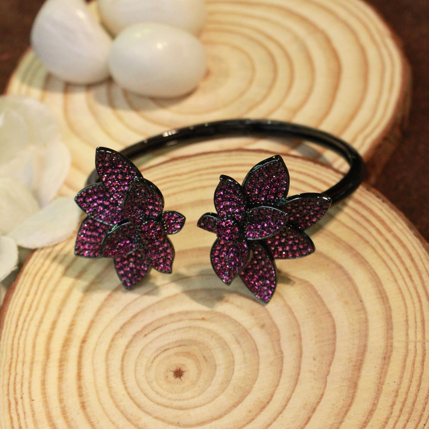 Elegant Black Floral Bracelet with Sparkling Rani Pink Gemstone Petals - SIA451766