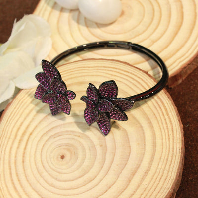 Elegant Black Floral Bracelet with Sparkling Rani Pink Gemstone Petals - SIA451766
