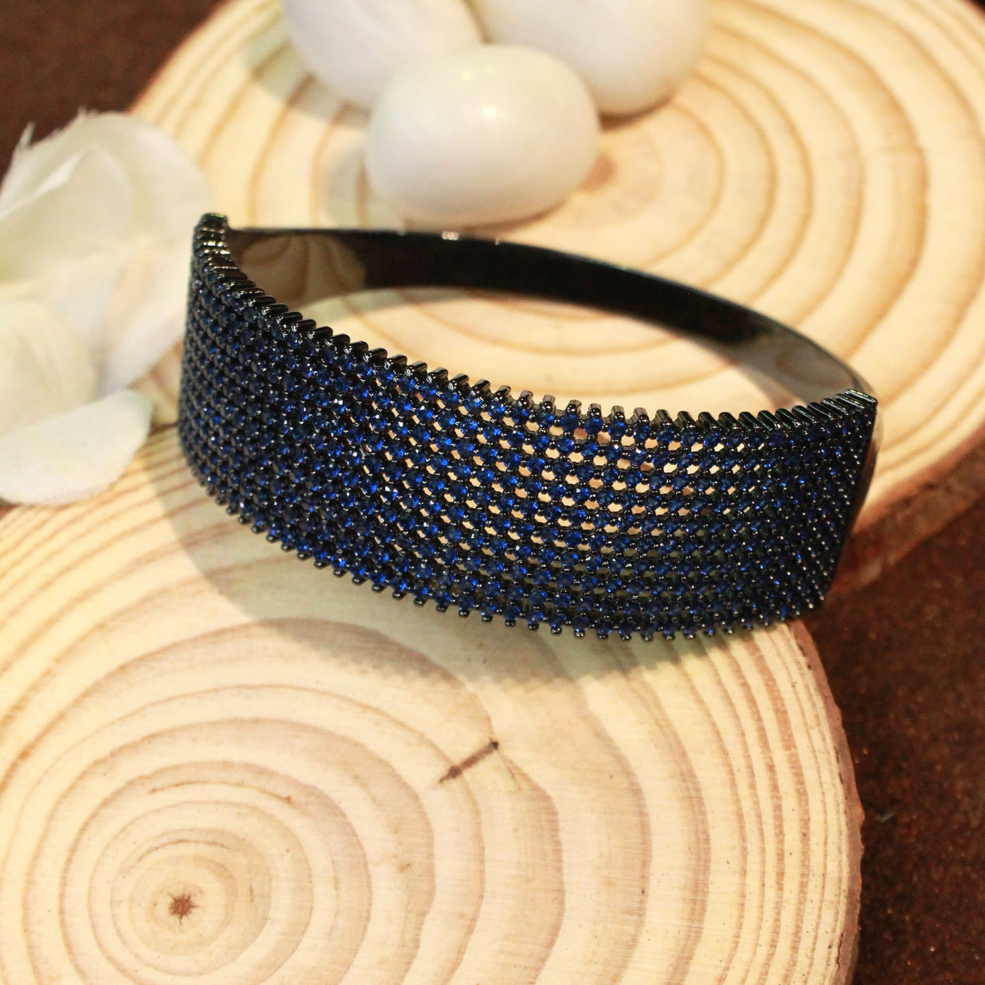 Elegant Midnight Blue Rhinestone Mesh Cuff Bracelet- SIA451764_C