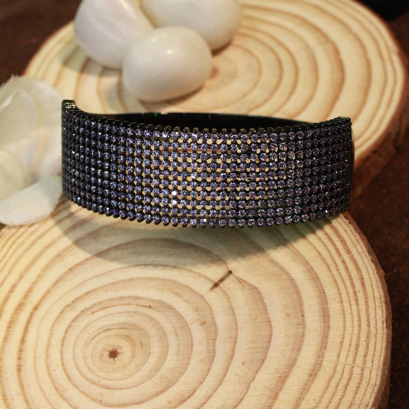 Black Crystal Wide Cuff Bracelet – Bold Sparkle Statement- SIA451764_E