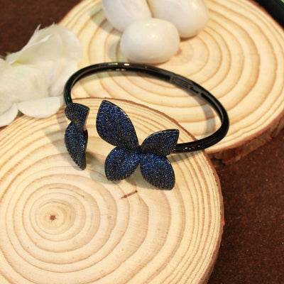 Blue Leaf Design on Sleek Black Bracelet - SIA451763_A