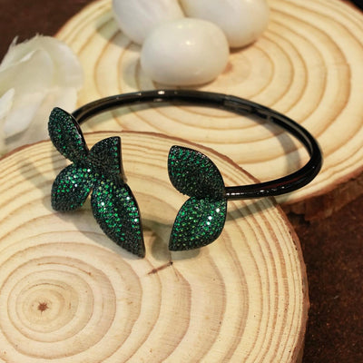 Green Leaf Design on Sleek Black Bracelet - SIA451763_C