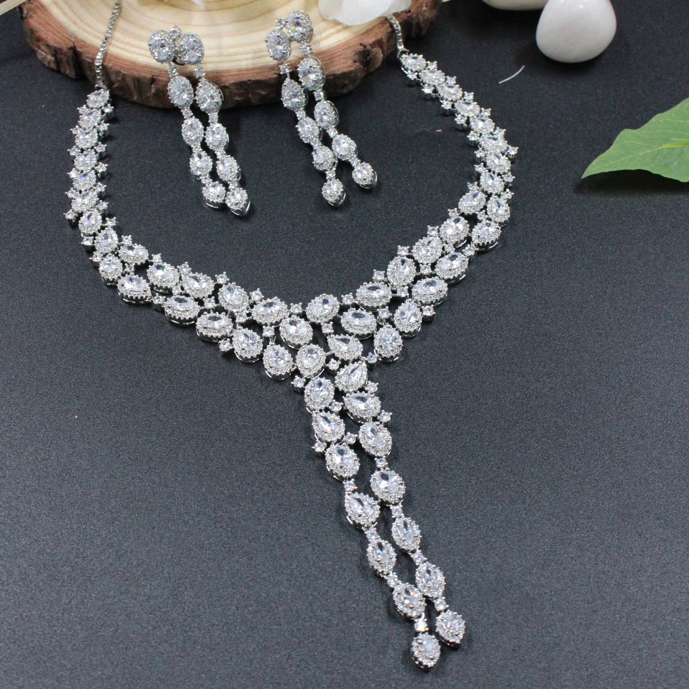 Silver Sparkle Oval-Cut Layered Necklace Set with Drop Design - SIA450135