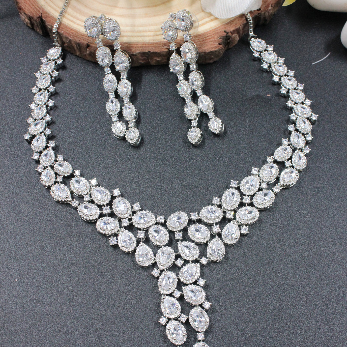 Silver Sparkle Oval-Cut Layered Necklace Set with Drop Design - SIA450135