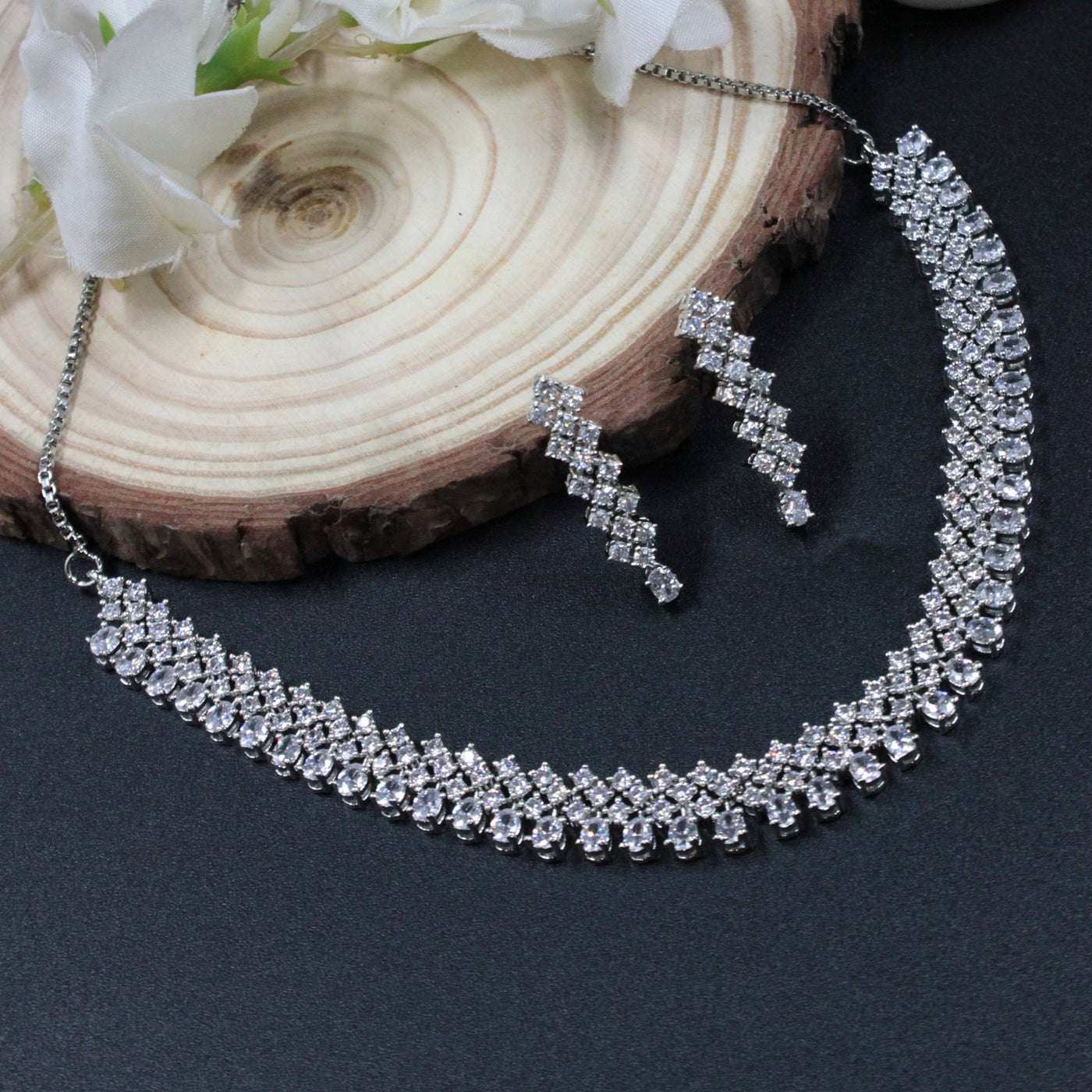 Silver Layered Zirconia Necklace Set – Round & Square-Cut Floral Design - SIA451384