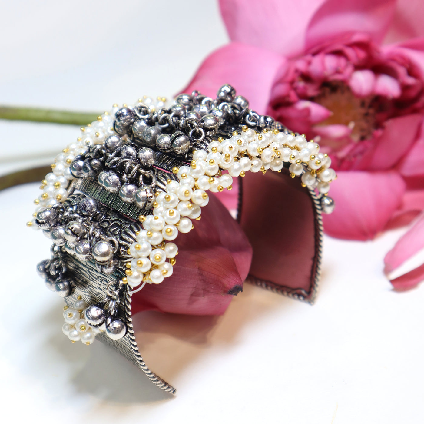 Antique Elegance: Pearl-Fringed Tribal Cuff Bracelet- SIA452149