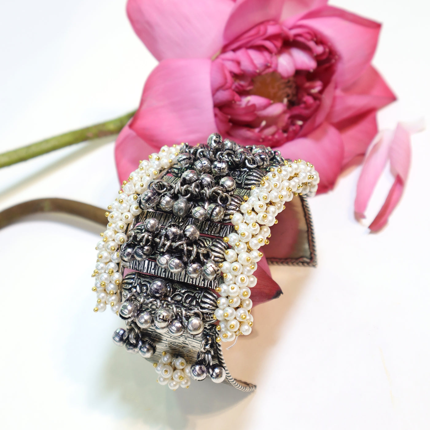 Antique Elegance: Pearl-Fringed Tribal Cuff Bracelet- SIA452149