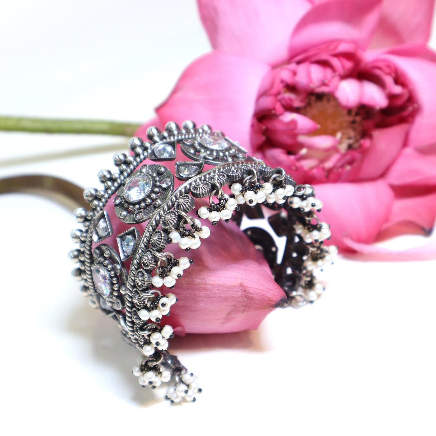 Mirror Gleam Oxidized Cuff Bracelet with Pearls - SIA452152