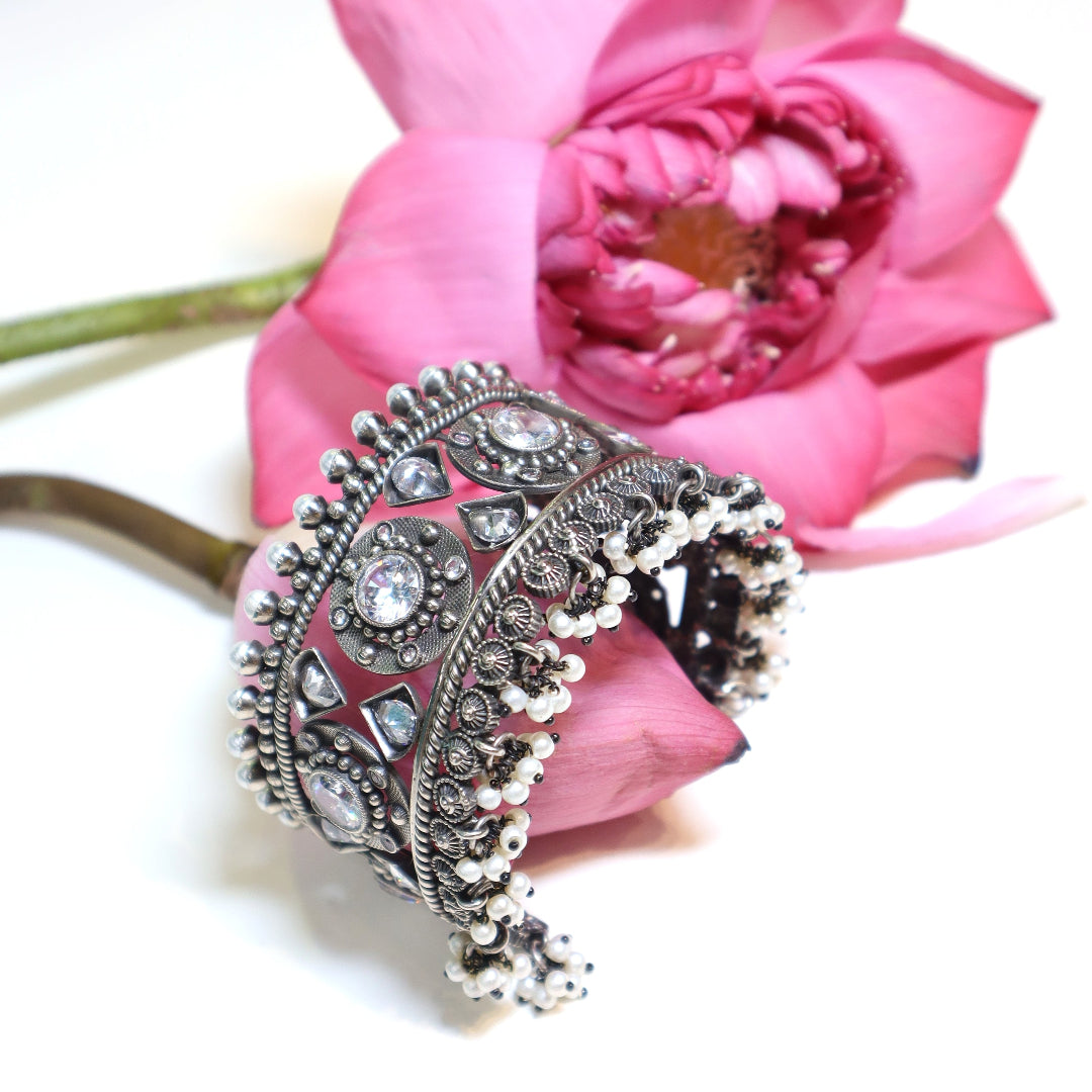 Mirror Gleam Oxidized Cuff Bracelet with Pearls - SIA452152