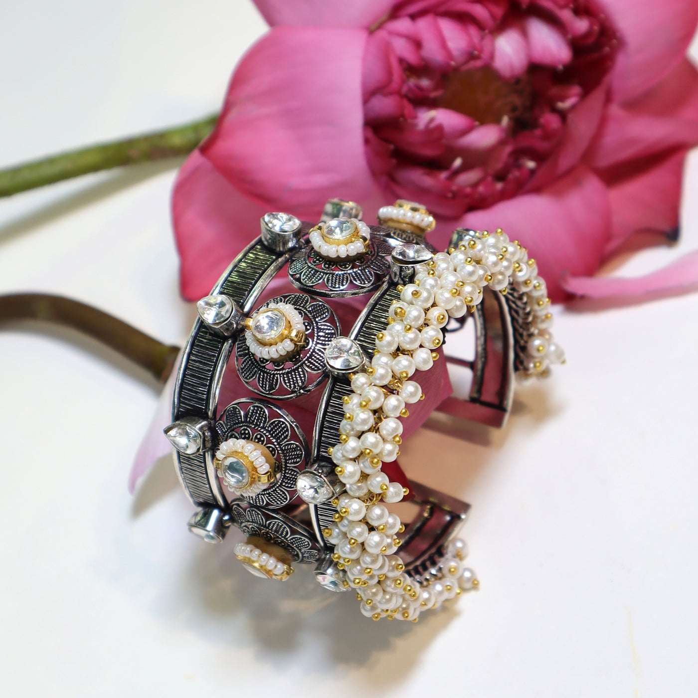 Floral Kundan & Pearl Oxidized Cuff Bracelets- SIA452153