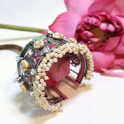 Floral Kundan & Pearl Oxidized Cuff Bracelets- SIA452153