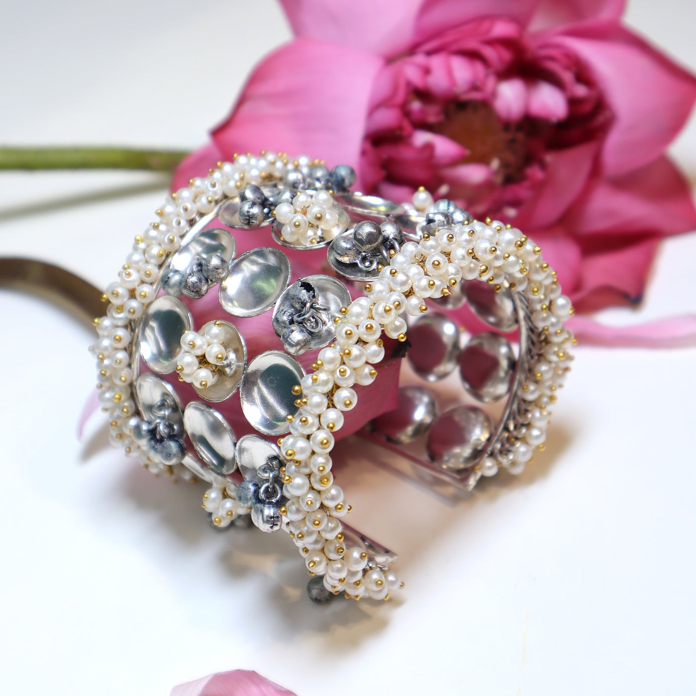 Silver-Toned Openwork Kada Bracelet with Pearl & Gold Bead Design - SIA452150