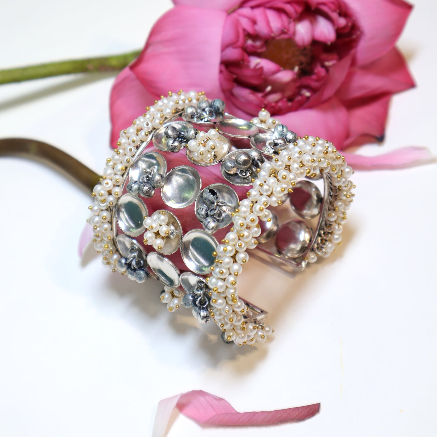 Silver-Toned Openwork Kada Bracelet with Pearl & Gold Bead Design - SIA452150