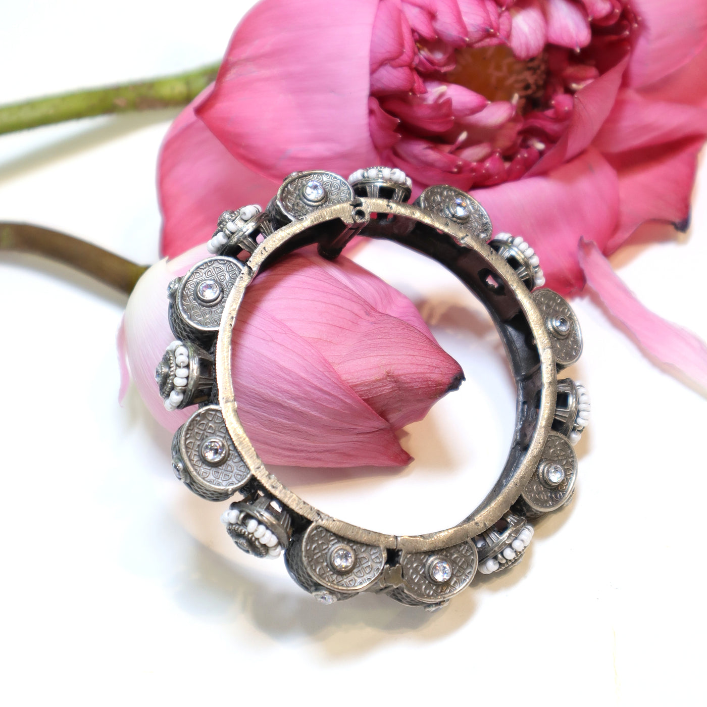 Oxidized Silver Pearl & Stone Embellished Statement Kada bracelets - SIA452145