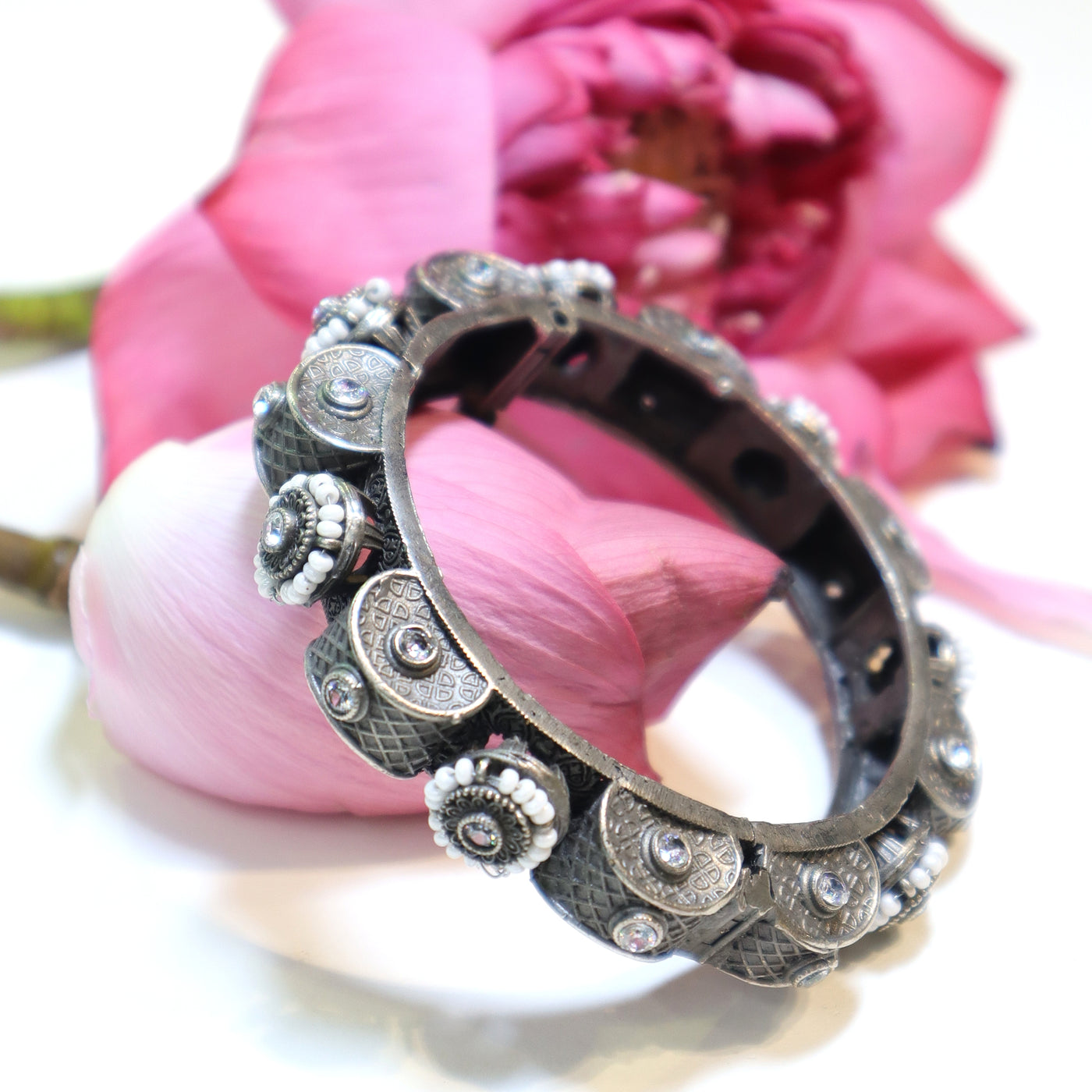 Oxidized Silver Pearl & Stone Embellished Statement Kada bracelets - SIA452145