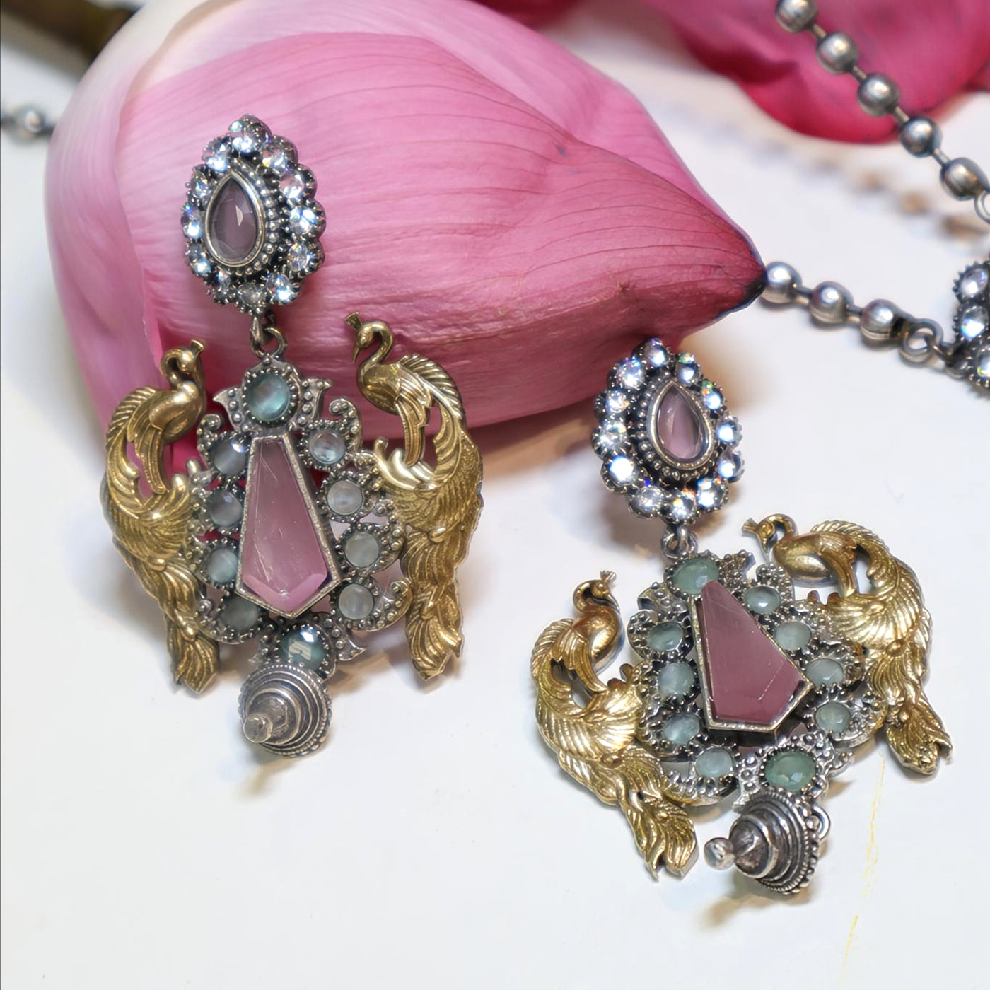 Pink & Green Peacock Antique Necklace Set - SIA452091