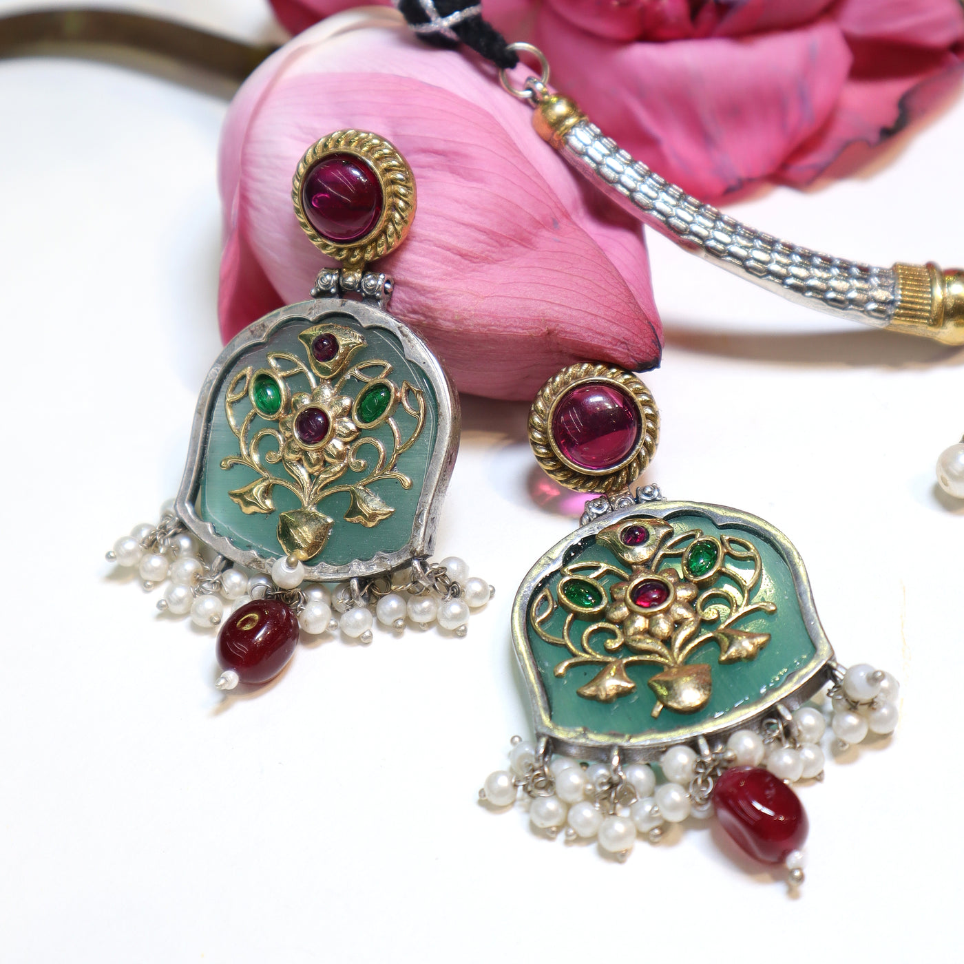 Dual-Tone Bell Necklace Set: Green Meenakari, Ruby & Pearl - SIA452052