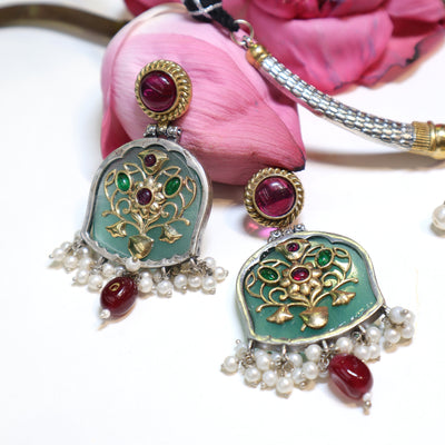 Dual-Tone Bell Necklace Set: Green Meenakari, Ruby & Pearl - SIA452052