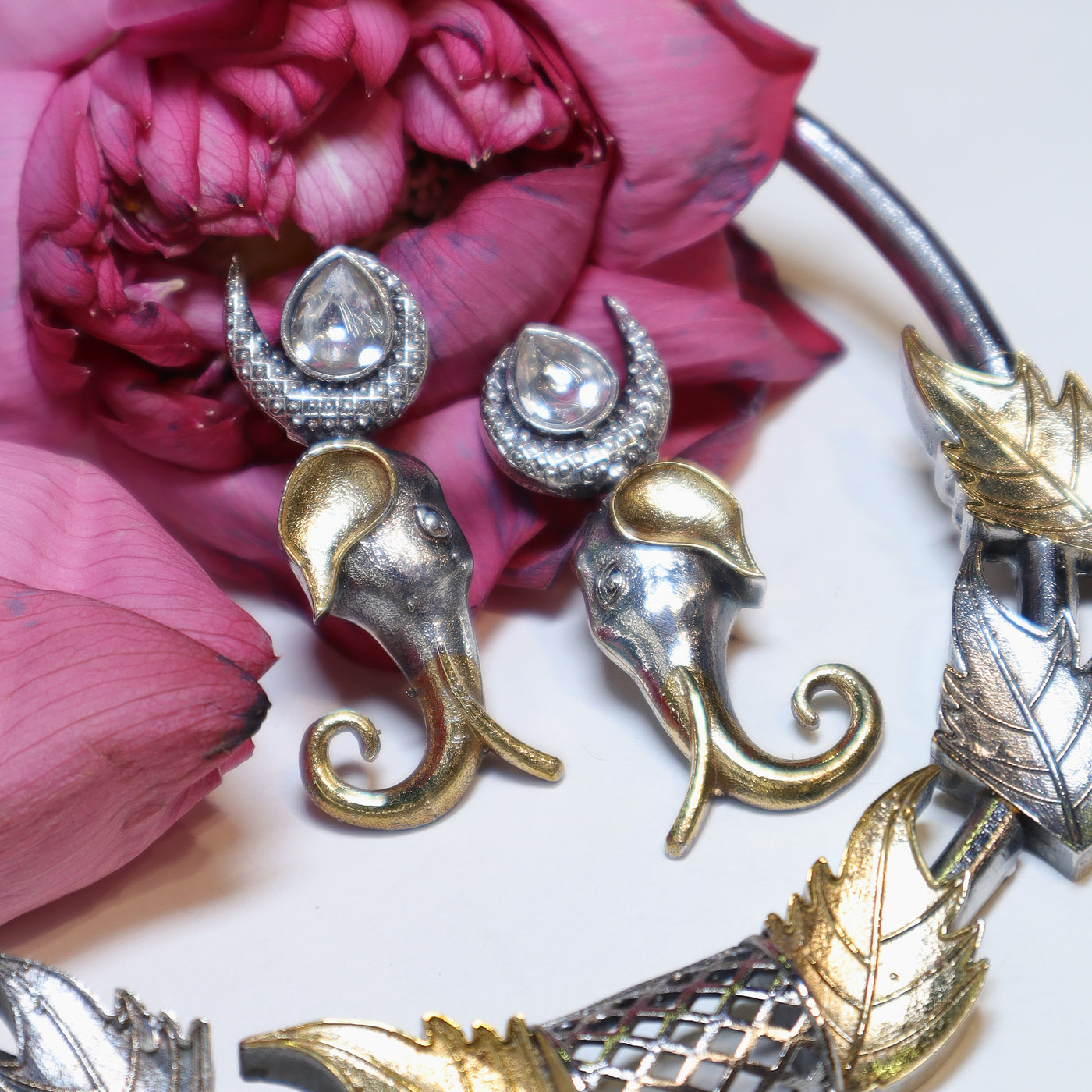 Silver & Gold Elephant Motif Necklace Set with Leaf Design - SIA452032