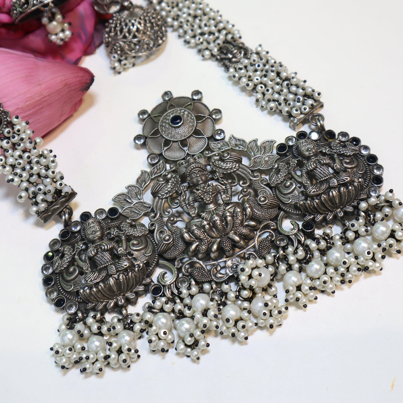 Oxidized Goddess Temple Pearl Necklace Set - SIA452085