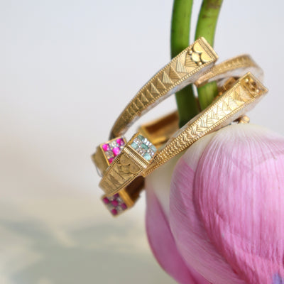 Golden Floral Enamel Bangles with Gems -SIA447541
